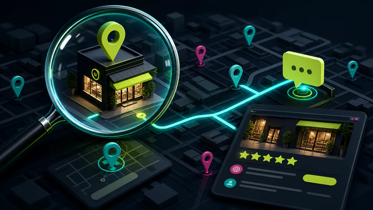 Lupa encontrando um negócio local em mapa conectado ao site e ao atendimento