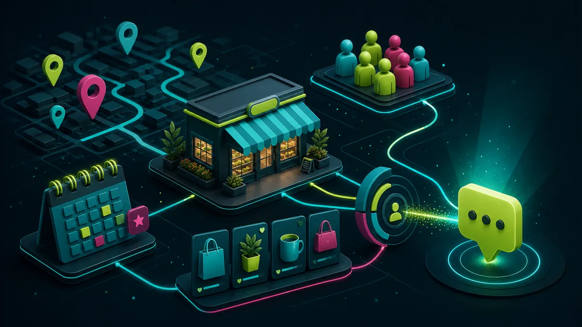 Negócio local conectado a comunidade, eventos, produtos e atendimento
