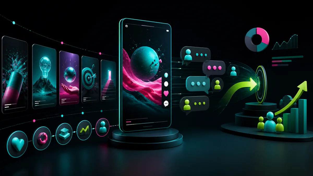 Estratégia de conteúdo em celular conectada a conversas, análise e oportunidades